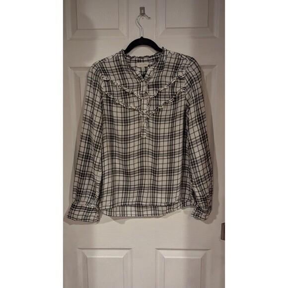 LUCKY BRAND Women's black white check‎ Long Sleeve Blouse Sz M prairie western - Picture 4 of 7